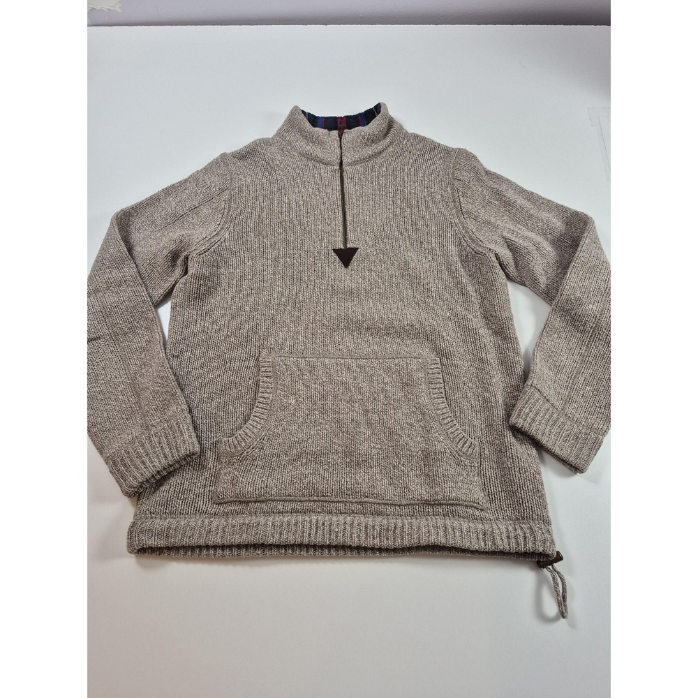 L.L.Bean Sweater Mens MT Beige Lambswool 1/4 Zip Mock Neck Kangaroo Pocket